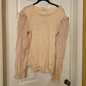 By The River Boho Womens Cream Ruffle Balloon Sleeve Blouse. Size Large